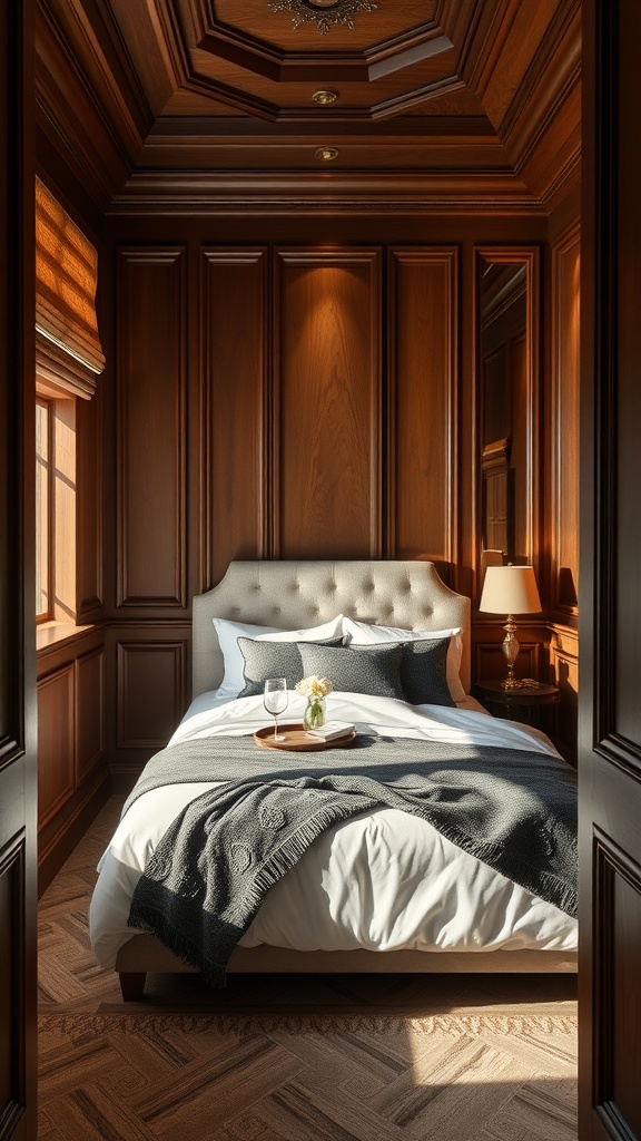 A cozy bedroom featuring wood paneling, with a neatly made bed and soft lighting.