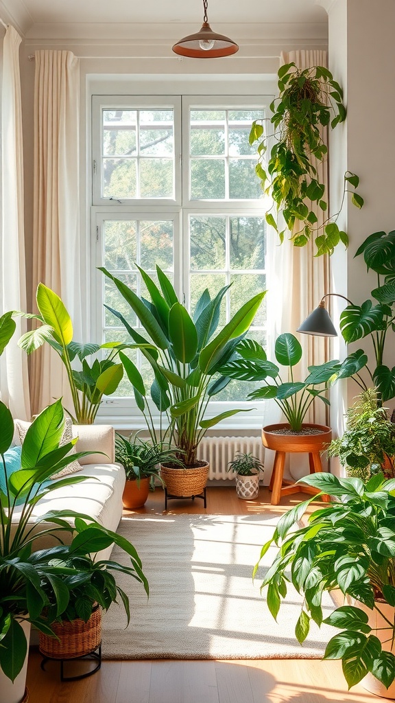 Cozy living room with various indoor plants and greenery.