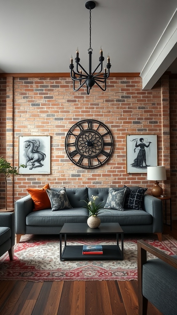 A stylish living room featuring an exposed brick wall, dark chandelier, gray sofa with colorful pillows, and gothic-themed artwork.
