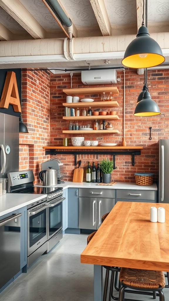 A modern industrial kitchen featuring exposed brick walls, sleek appliances, and a wooden dining table.