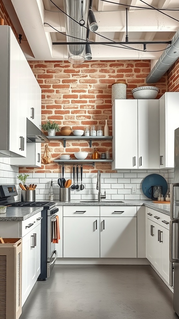 An industrial chic kitchen with white cabinetry and a rustic brick wall