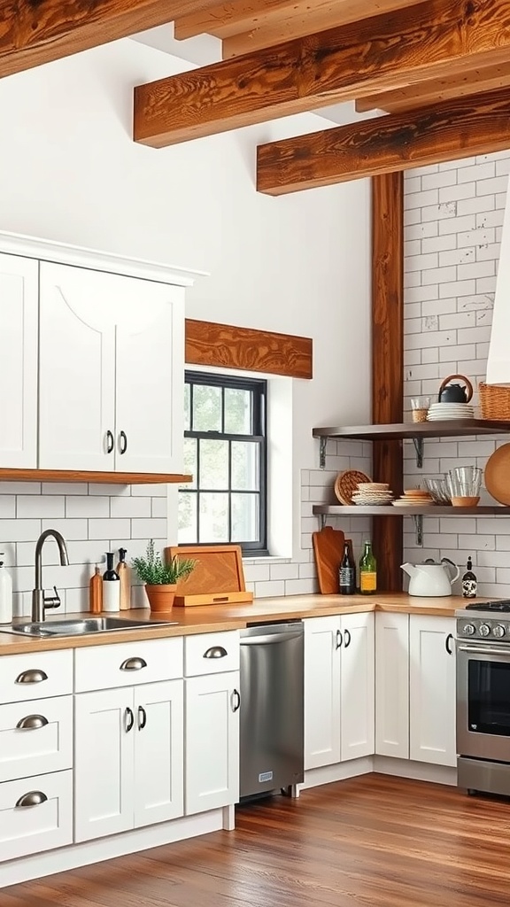 A stylish kitchen featuring white cabinets, wooden countertops, and exposed wooden beams.