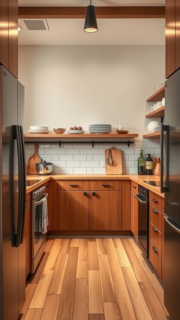 A mid-century modern kitchen featuring wooden cabinets, open shelves, and a sleek layout.