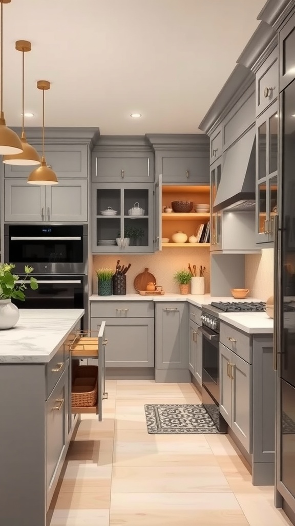 A modern kitchen with gray cabinetry, open shelves, and innovative storage solutions.