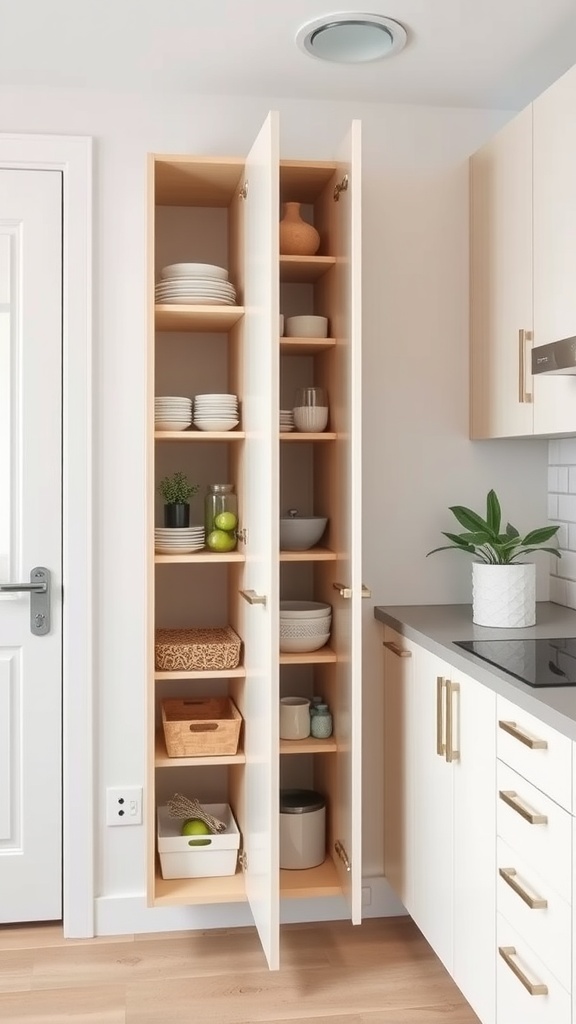 Slim storage cabinet in a small kitchen, showing organized shelves with kitchen items.