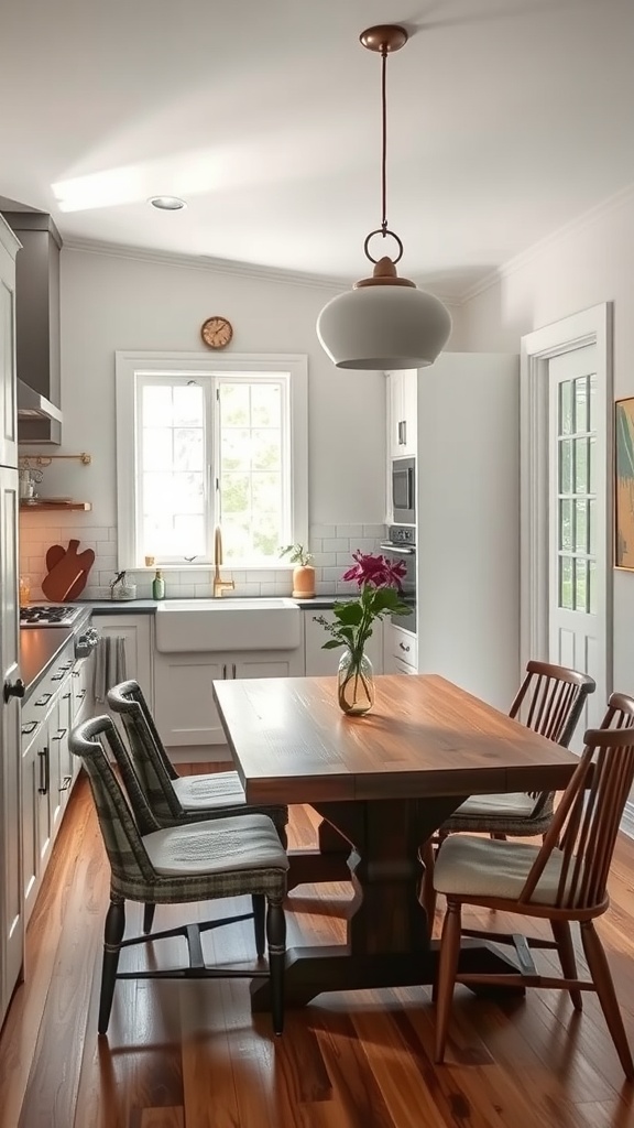 A mid-century modern kitchen featuring an integrated dining nook with a wooden table and chairs.
