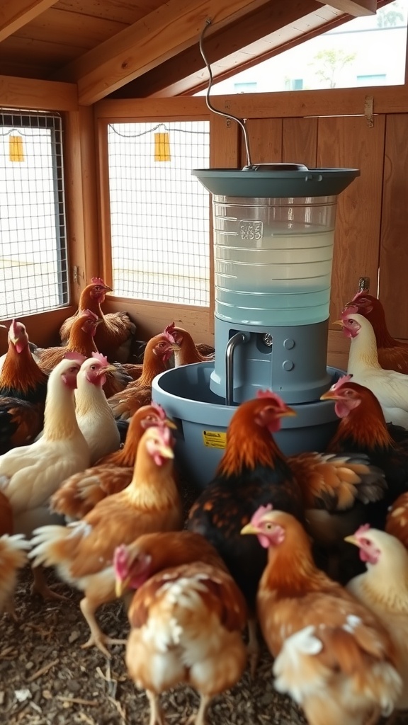 Chickens gathered around a feed and water station in a coop.