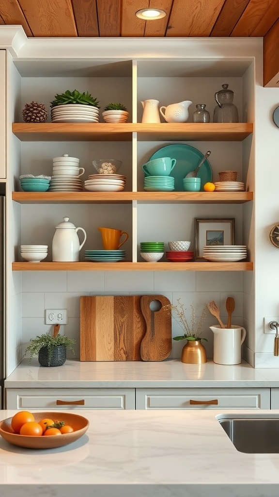 A cozy kitchen with integrated open shelving displaying colorful dishware and decorative items.