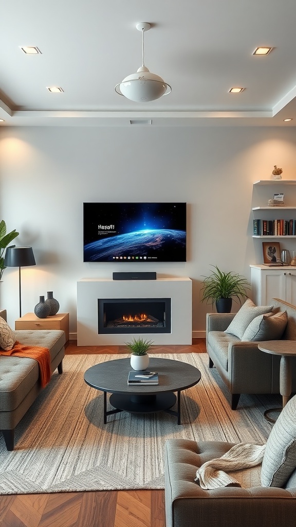 A modern living room featuring a television, cozy sofas, and a stylish coffee table.