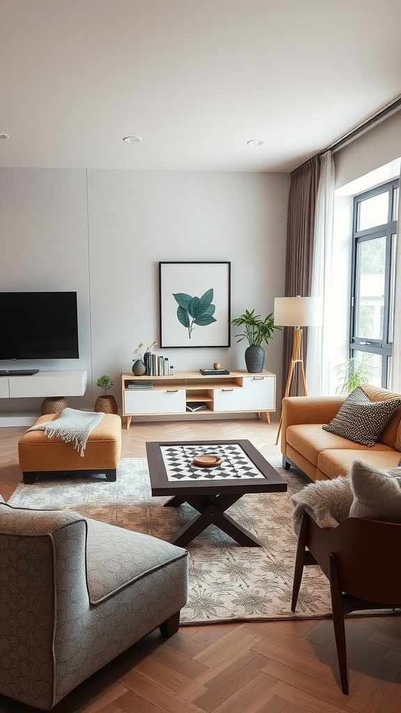 A cozy living room featuring interactive furniture pieces including a game-themed coffee table.