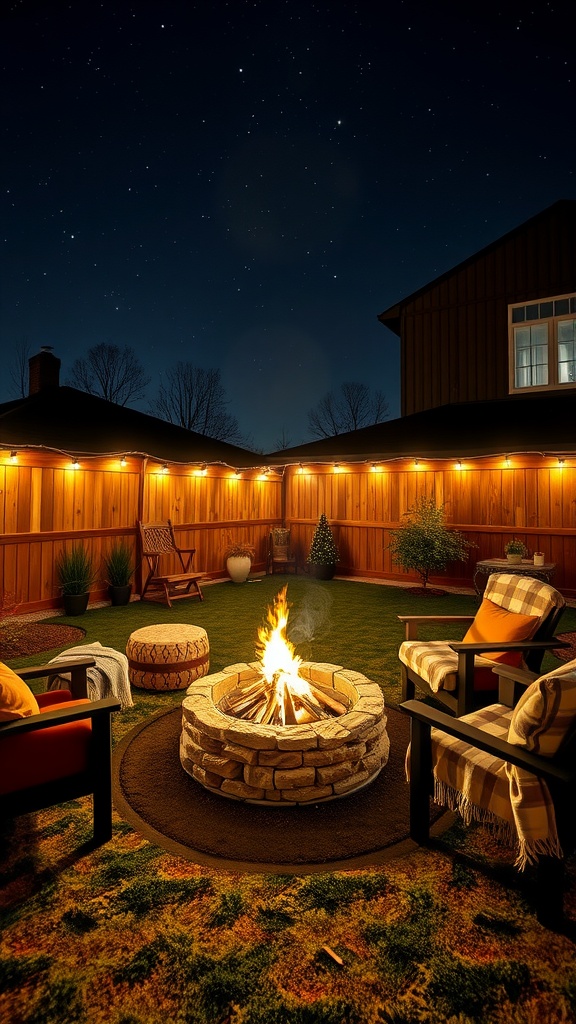 Cozy fire pit area in a backyard with stone fire pit, chairs, and string lights.