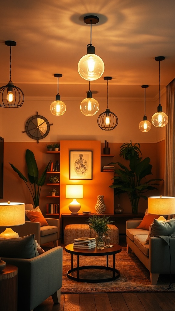 A cozy living room with warm lighting, featuring hanging bulbs and table lamps.