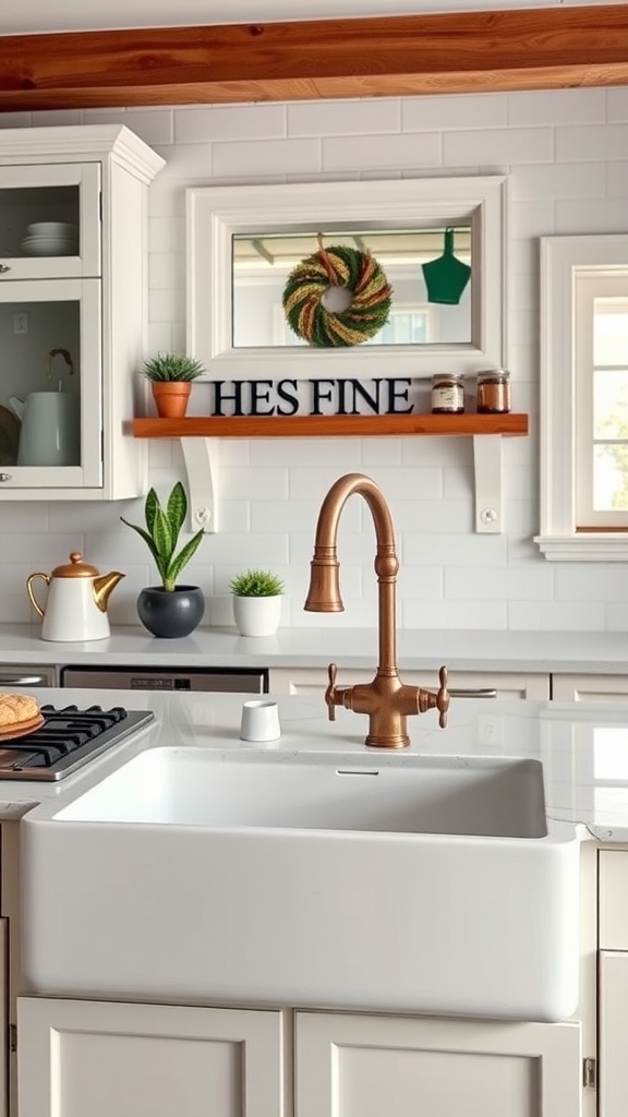A large white farmhouse sink with a vintage copper faucet in a modern kitchen setting.