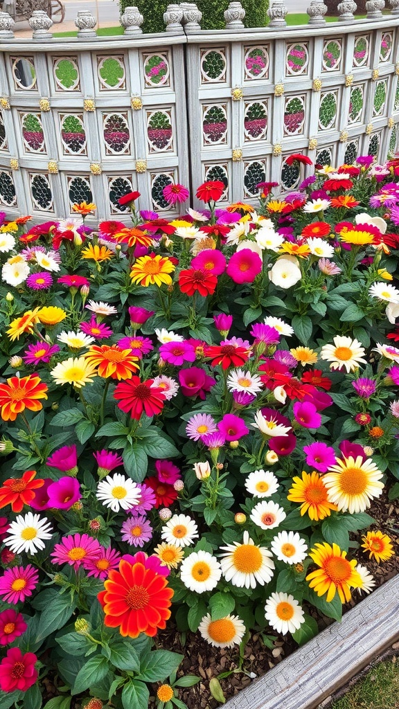 Colorful flower bed bordered by a decorative lattice fence