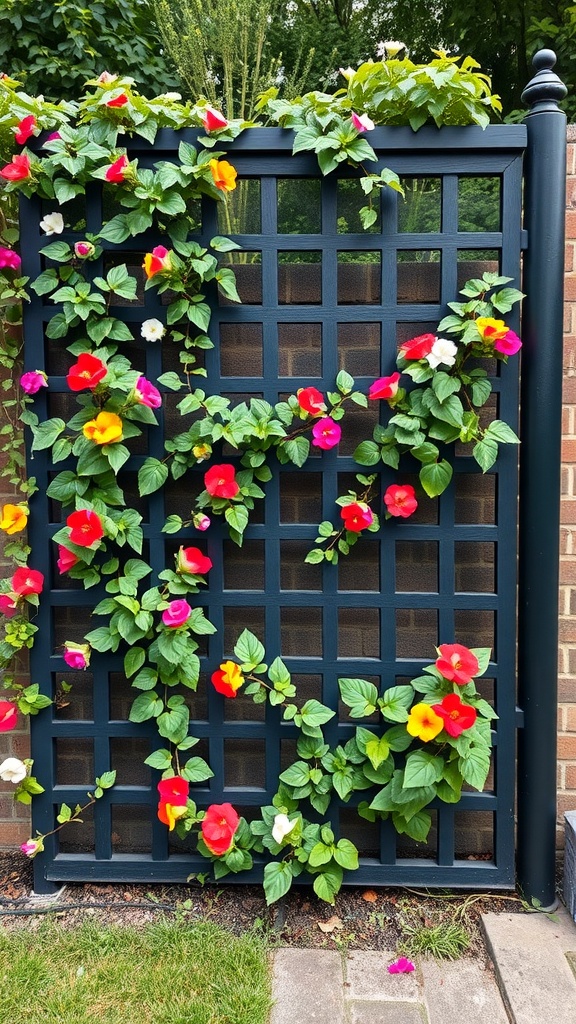 A black lattice panel fence adorned with colorful flowers.