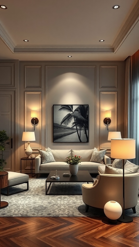 A luxurious living room with layered lighting featuring wall sconces and a floor lamp.