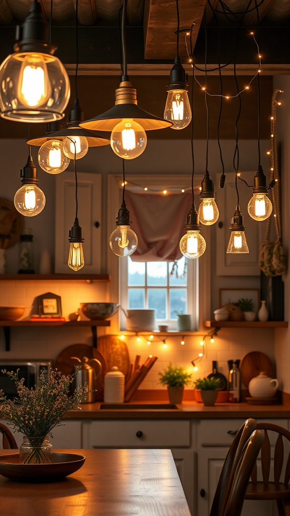 A cozy boho kitchen with layered lighting fixtures including pendant lights and string lights.