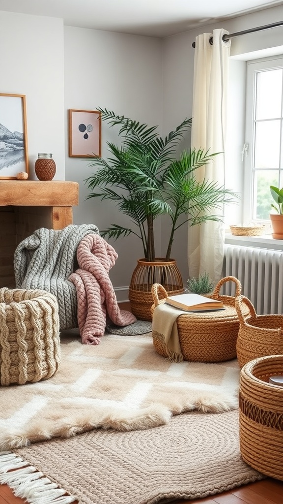 A warm living room featuring layered textures with cozy throws, rugs, and decorative baskets.