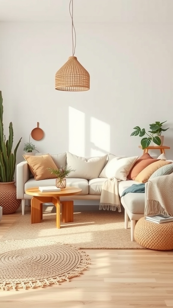 Cozy boho living room featuring layered textures with natural fabrics, including cushions and a jute rug.