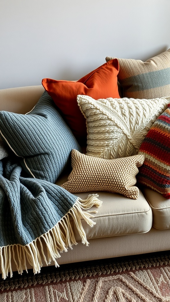 A cozy sofa with various textured pillows and a knitted throw blanket.