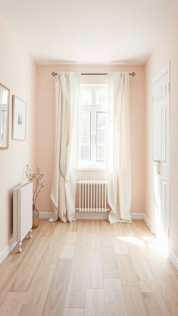 Small room with light pink walls, white curtains, and wooden flooring