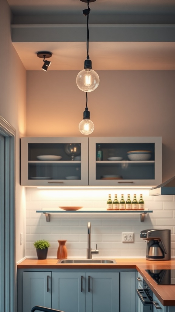 A modern small kitchen with pendant lights and under-cabinet lighting