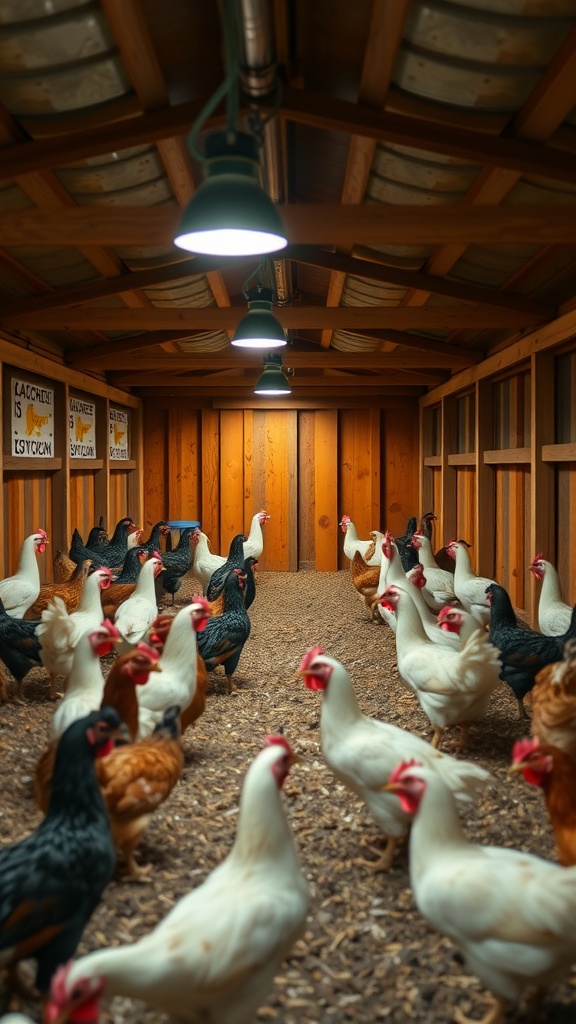 Interior of a chicken coop with multiple chickens and overhead lights