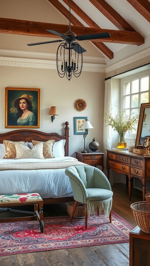 A cozy bedroom featuring limewash walls and vintage furniture.