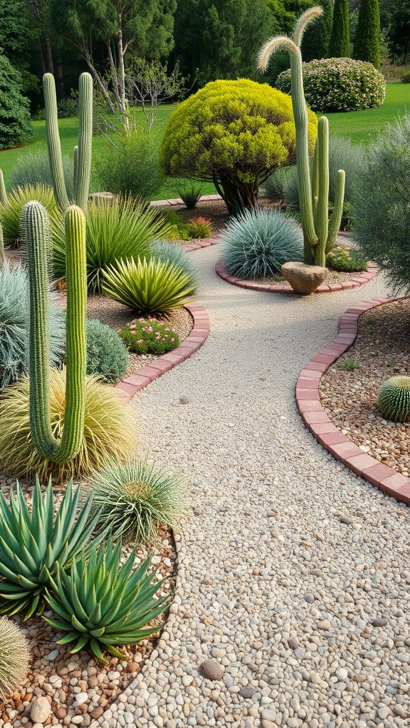 A xeriscaped garden featuring various cacti, succulents, and a winding path
