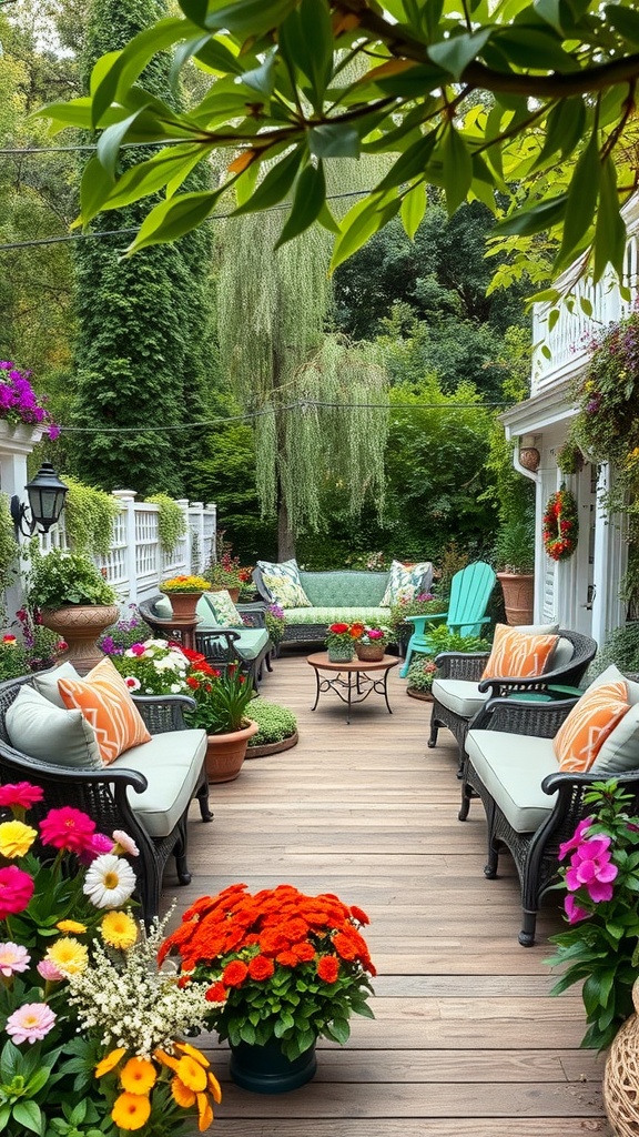 A cozy backyard with vibrant flowers, comfortable seating, and a wooden deck.