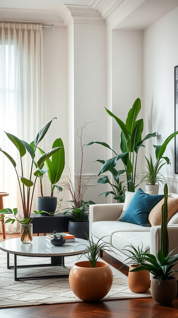 A stylish living room with various lush indoor plants, featuring a white sofa and a modern coffee table.