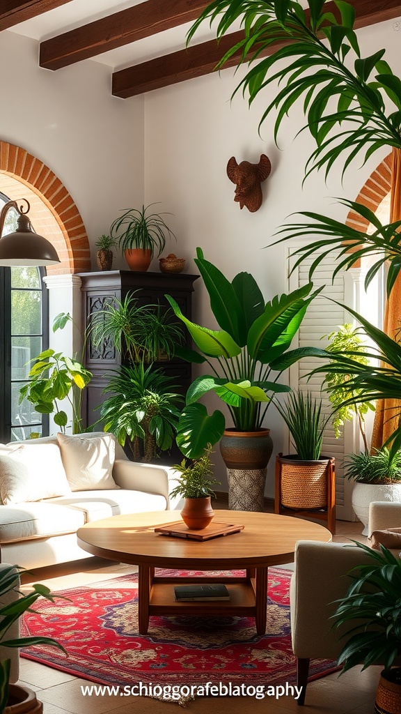 A bright Spanish-style living room filled with various indoor plants, showcasing a cozy and inviting atmosphere.