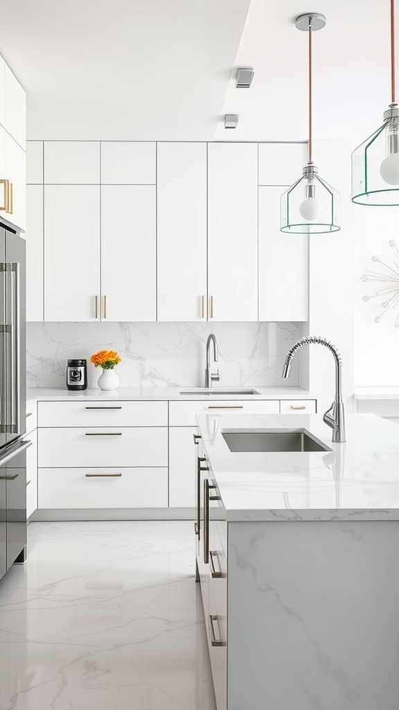 Modern kitchen with white cabinetry, marble countertops, and gold finishes