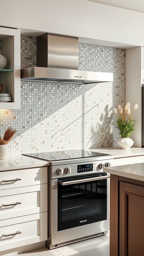 A kitchen featuring a luxurious glass mosaic backsplash with a modern stove and cabinets.