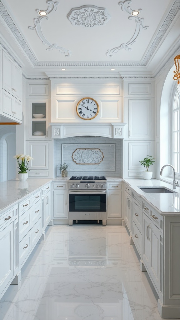 Luxurious all-white kitchen with detailed cabinetry, glossy countertops, intricate ceiling design, and modern appliances.