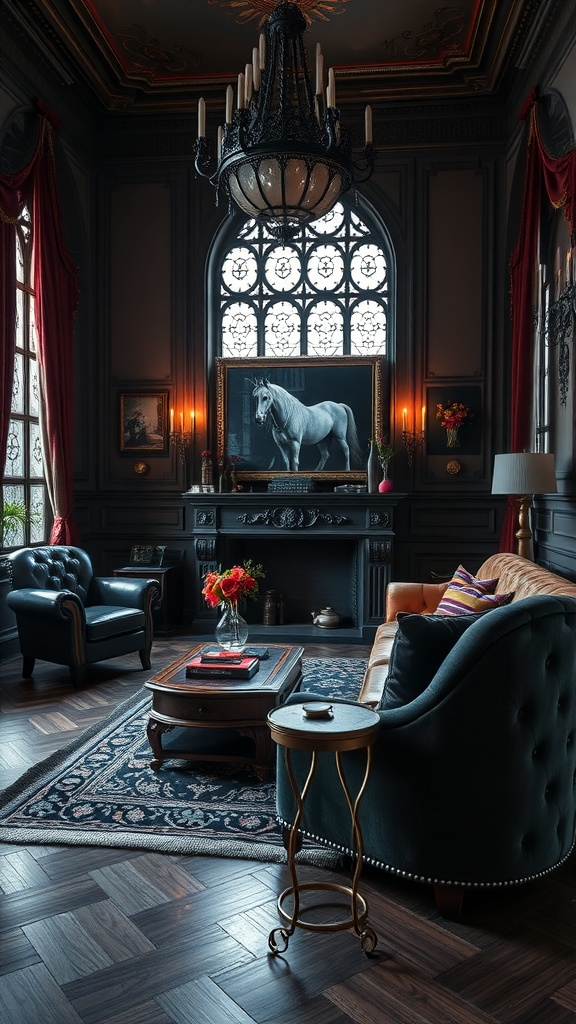 Gothic living room featuring a velvet sofa, leather armchairs, and a stylish chandelier.