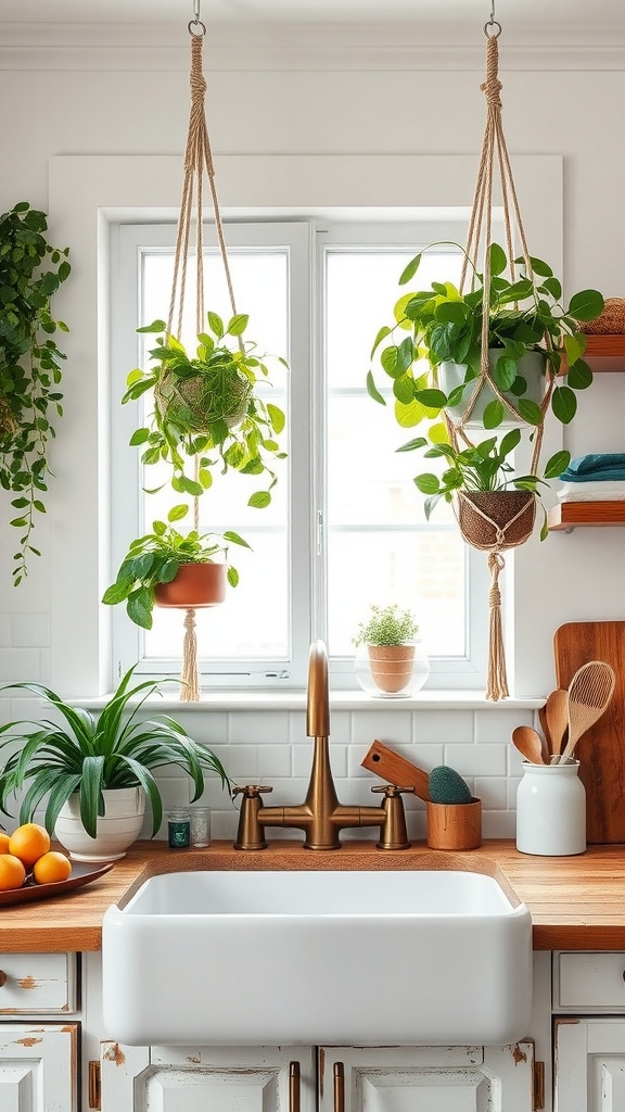 A kitchen sink with macrame plant hangers holding lush green plants by the window.