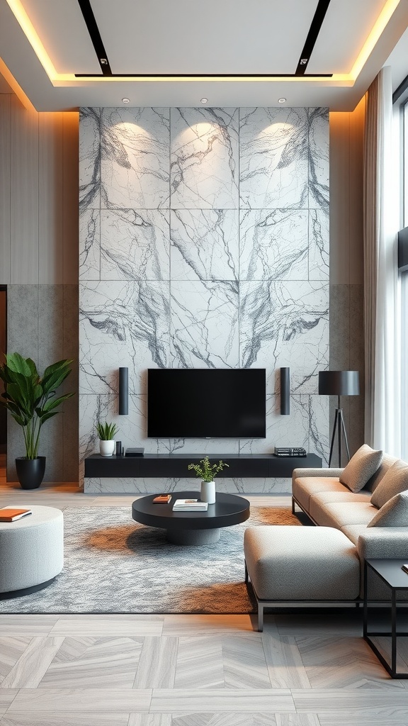 Living room featuring a marble accent wall with modern furniture.