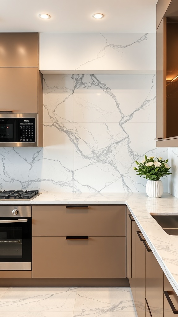 A modern kitchen with a marble backsplash and sleek cabinetry.