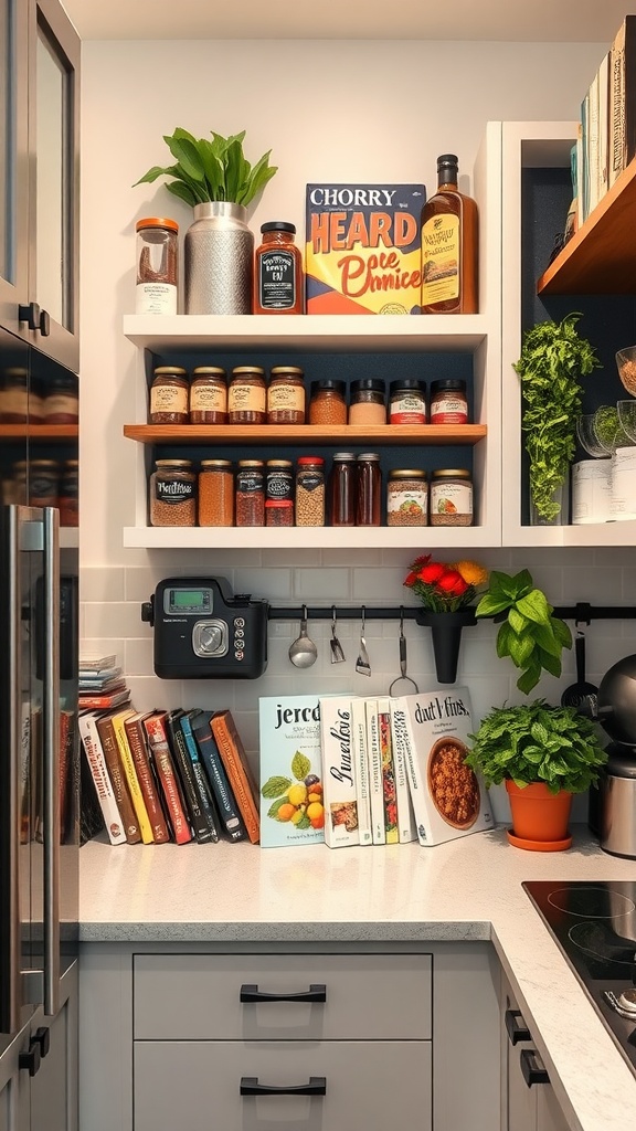 A modern small kitchen featuring vertical shelving with jars, spices, cookbooks, and plants.