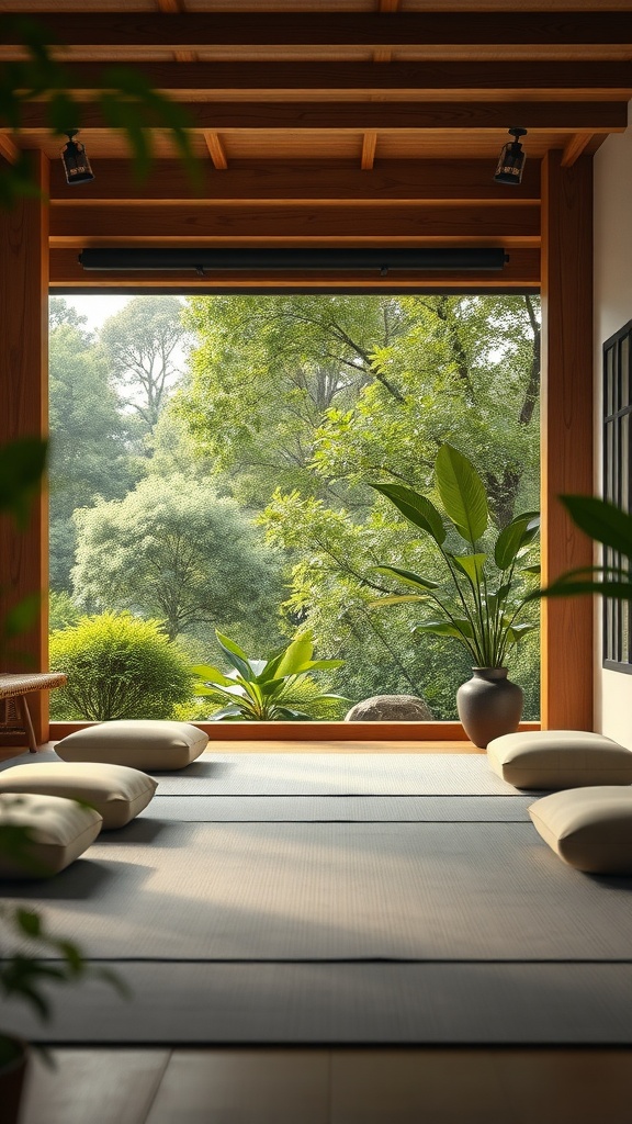 A serene meditation space with cushions and greenery, offering a connection to nature.