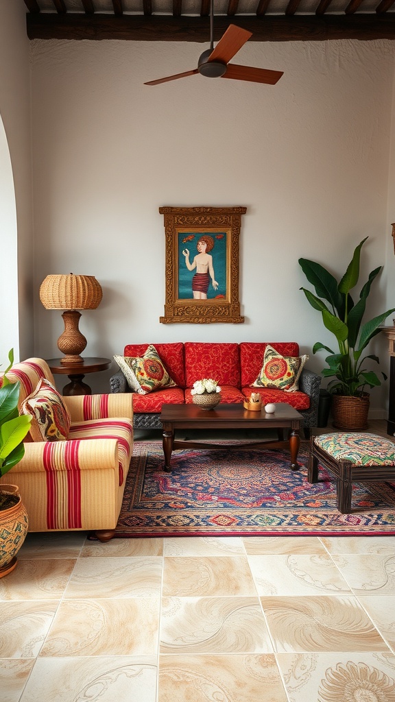 A cozy Mediterranean-inspired living room featuring a red sofa, striped chairs, and a colorful area rug.