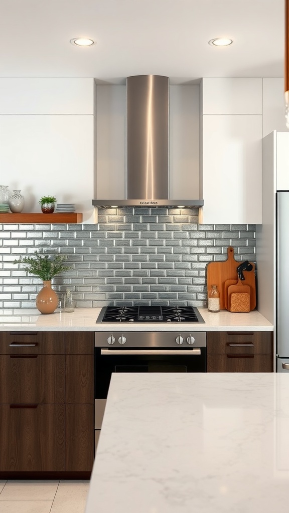 A kitchen with a modern metallic backsplash and wood cabinetry.