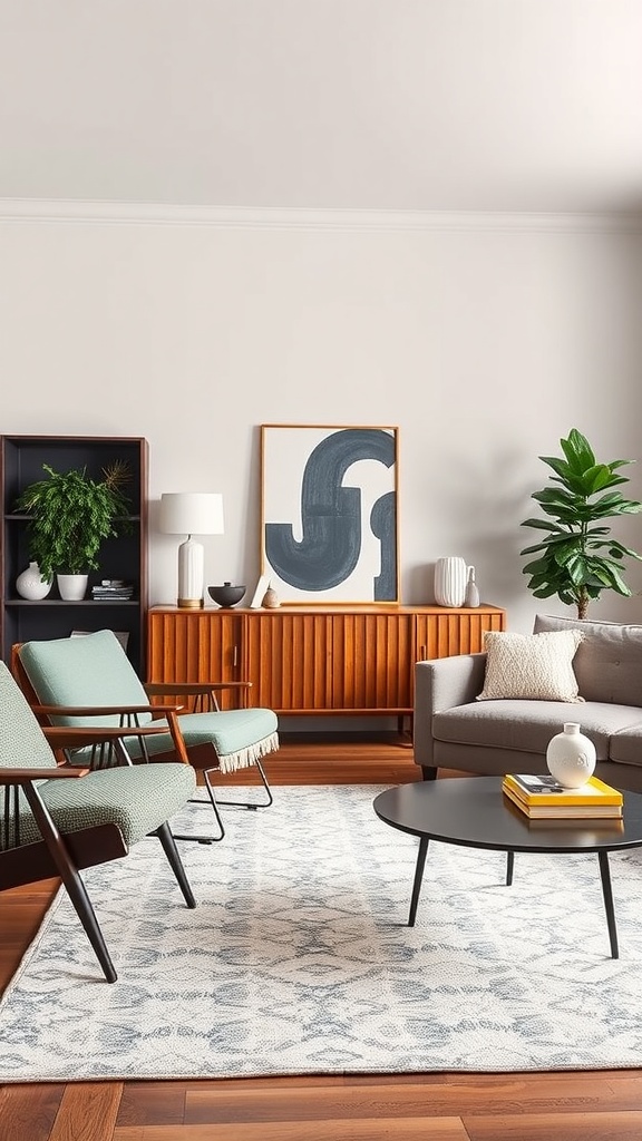 A stylish living room featuring mid-century modern furniture with a cozy atmosphere.