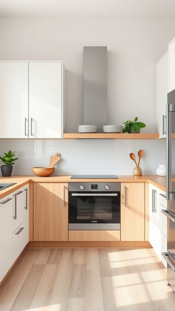 A modern minimalist kitchen featuring light wood cabinets and white accents.