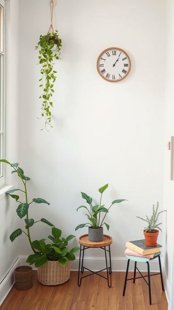 A minimalist corner with plants, a clock, and simple furniture in a small room.