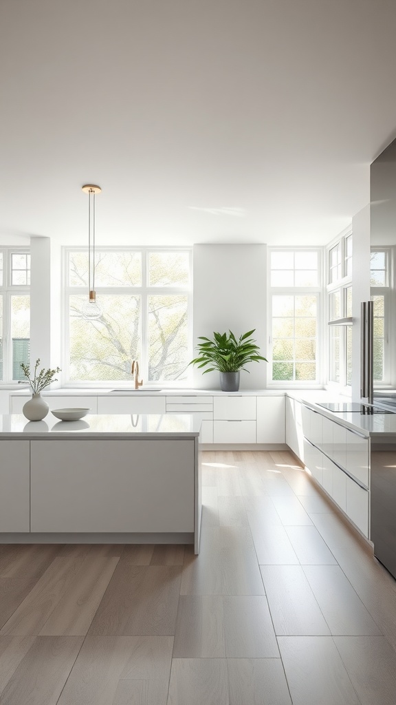 A bright minimalist open concept kitchen featuring white cabinets, light wood flooring, and large windows.