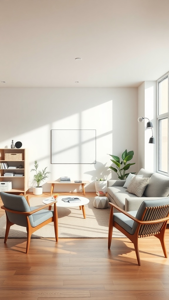 A minimalist Scandinavian living room with light colors, simple furniture, and plants.