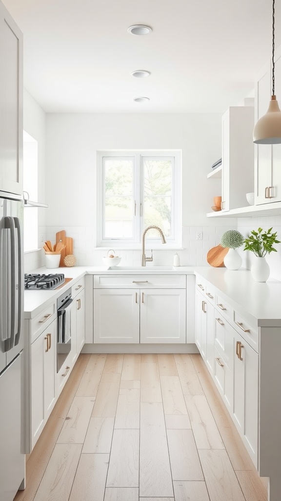 A minimalist Scandinavian style all-white kitchen with light wooden floors and natural decor elements.