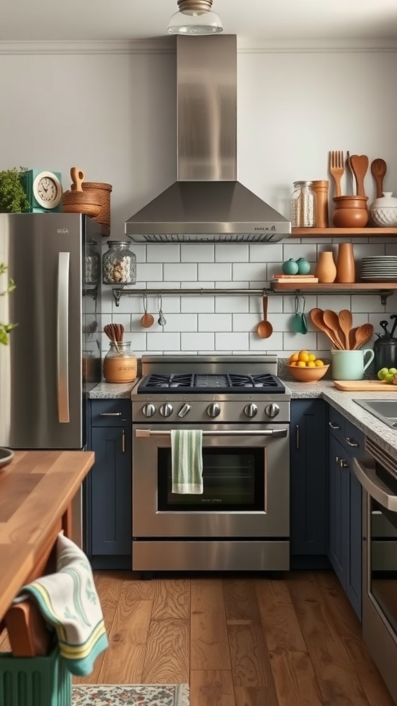 A modern farmhouse kitchen featuring a stainless-steel stove, wooden utensils, and stylish decor.